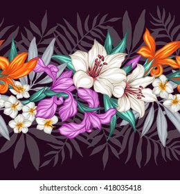 Vector tropical leaves and flowers  pattern. Hand painted illustration on black background. Frame border