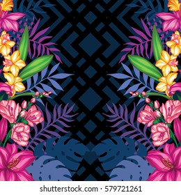 Vector tropical leaves and flowers  pattern. Hand painted illustration on geometric background