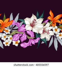 Vector tropical leaves and flowers seamless pattern. Hand painted illustration on black background. Frame border