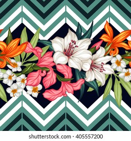 Vector tropical leaves and flowers seamless pattern. Hand painted illustration on geometric background