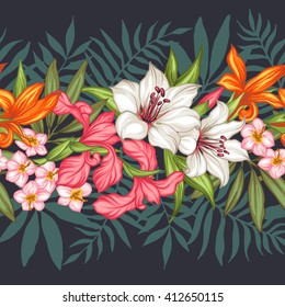 Vector tropical leaves and flowers seamless pattern. Hand painted illustration on black background. Frame border