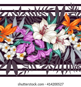 Vector tropical leaves and flowers seamless pattern. Hand painted illustration on black background. Frame border