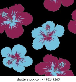 Vector tropical leaves and flowers seamless pattern. Blue and purple hand painted illustration on black background.