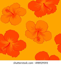 Vector tropical leaves and flowers seamless pattern. Hand painted hibiscus illustration on yellow background.
