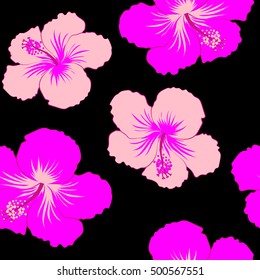 Vector tropical leaves and flowers seamless pattern. Hand painted illustration in pink and purple colors on a black background.