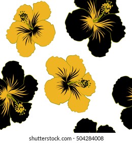 Vector tropical leaves and flowers seamless pattern. Hand painted illustration in yellow colors on a white background.