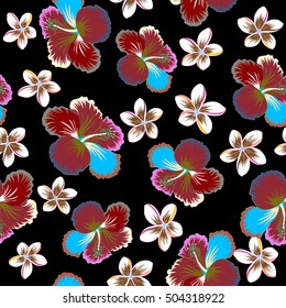 Vector tropical leaves and flowers seamless pattern. Hand painted plumeria and hibiscus illustration on black background.