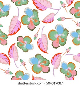 Vector tropical leaves and flowers seamless pattern. Hand painted hibiscus illustration on white background.