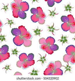 Vector tropical leaves and flowers seamless pattern. Hand painted plumeria and hibiscus illustration on white background.