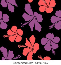 Vector tropical leaves and flowers seamless pattern. Hand painted illustration in red and violet colors on a black background.