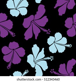 Vector tropical leaves and flowers seamless pattern. Hand painted illustration in blue and violet colors on a black background.