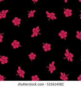 Vector tropical leaves and flowers seamless pattern. Hand painted illustration in magenta colors on a black background.