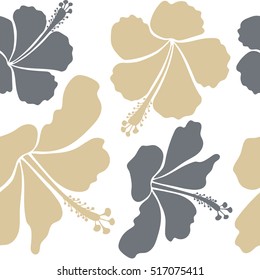 Vector tropical leaves and flowers seamless pattern. Hand painted illustration in beige and gray colors on a white background.