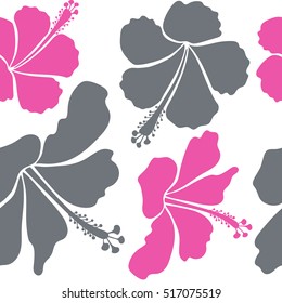 Vector tropical leaves and flowers seamless pattern. Hand painted illustration in gray and pink colors on a white background.