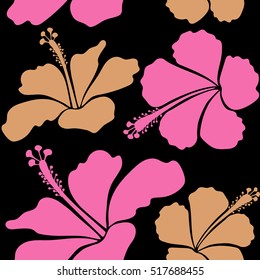 Vector tropical leaves and flowers seamless pattern. Hand painted illustration in beige and pink colors on a black background.