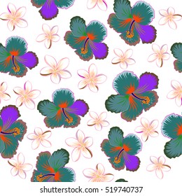 Vector tropical leaves and flowers seamless pattern. Hand painted illustration in neutral, beige and blue colors on a white background.