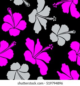 Vector tropical leaves and flowers seamless pattern. Hand painted illustration in gray and magenta colors on a black background.