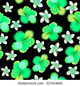 Vector tropical leaves and flowers seamless pattern. Hand painted illustration in green, white and neutral colors on a black background.