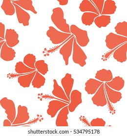 Vector tropical leaves and flowers seamless pattern. Hand painted illustration in orange colors on a white background.