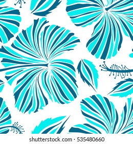 Vector tropical leaves and flowers seamless pattern. Hand painted illustration in white and blue colors on a white background.