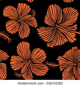 Vector tropical leaves and flowers seamless pattern. Hand painted illustration in orange colors on a black background.