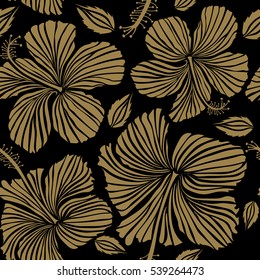 Vector tropical leaves and flowers seamless pattern. Hand painted illustration in brown colors on a black background.