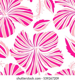 Vector tropical leaves and flowers seamless pattern. Hand painted illustration in white and magenta colors on a white background.