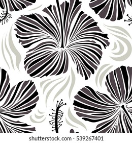Vector tropical leaves and flowers seamless pattern. Hand painted illustration in gray and black colors on a white background.