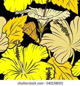 Vector tropical leaves and flowers seamless pattern. Hand painted illustration in yellow and beige colors on a black background.