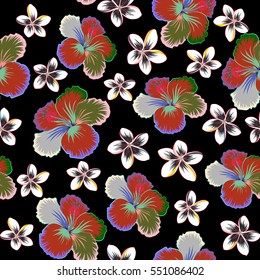 Vector tropical leaves and flowers seamless pattern. Hand painted illustration in violet, neutral and blue colors on a black background.