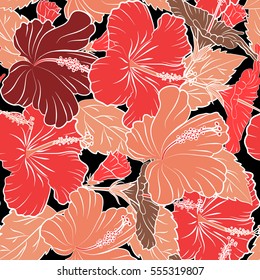 Vector tropical leaves and flowers seamless pattern. Hand painted illustration in brown, orange and red colors on a black background.