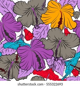Vector tropical leaves and flowers seamless pattern. Hand painted illustration in yellow, violet and red colors on a white background.