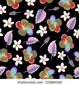 Vector tropical leaves and flowers seamless pattern. Hand painted illustration in beige and blue colors on a black background.