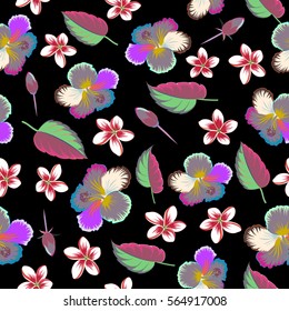 Vector tropical leaves and flowers seamless pattern. Hand painted illustration in pink and gray colors on a black background.