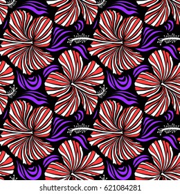 Vector tropical leaves and flowers seamless pattern. Hand painted illustration in violet and orange colors on a black background.