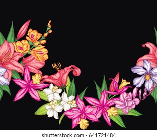 Vector tropical leaves and flowers seamless pattern. Hand painted illustration on black background