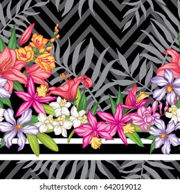 Vector tropical leaves and flowers seamless pattern. Hand painted illustration on geometric background