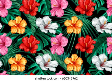 Vector tropical leaves and flowers seamless pattern. Hand painted illustration background - stock vector