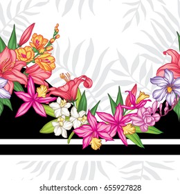 Vector tropical leaves and flowers seamless pattern. Hand painted illustration 