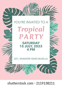 Vector tropical leaves frame. Party invitation template with monstera and palm leaf and text