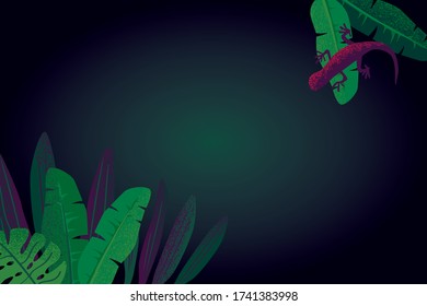 Vector tropical leaves and gecko background illustration