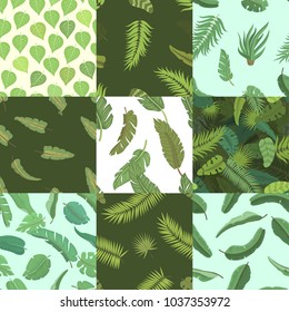 Vector tropical leaves green exotic jungle palm leaf tropic nature summer plant botanical hawaii flora illustration seamless pattern background collection