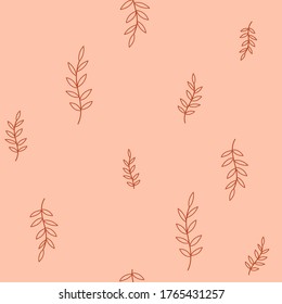 Hojas tropicales vectoriales dibujadas a mano sobre un fondo de melocotón. Conjunto botánico con hojas anaranjadas, ramas. Tipografía vectorial, textil, envoltura, papel regalo, tela para la decoración del hogar, almohadas, tazas, carteles