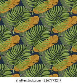 Vector Tropical Leaves Hand drawn Seamless Pattern. Paradise Botanical Textile or Wrapping paper and Wallapaper Surface Design. Vector illustration