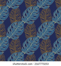 Las hojas tropicales vectoriales dibujaron un patrón impecable. Paraíso de papel textil o envolvimiento botánico y diseño de superficies de papel tapiz. Ilustración del vector