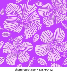 Vector tropical leaves and neutral and violet flowers seamless pattern. Hand painted illustration in neutral and violet colors.