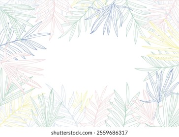 Vector de hojas tropicales en colores pastel Marco Horizontal de Pascua con espacio vacío para texto. Palma, jengibre, siluetas de eucalipto línea floral borde de arte . Para la tarjeta de felicitación, invitación, etiqueta.