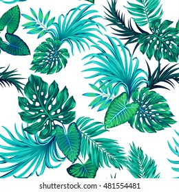 vector tropical leaves pattern. No flowers, leaves only. Strong green color palms on white background.