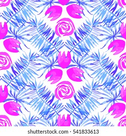 Vector tropical leaves pattern. Palm watercolor seamless background. Exotic trendy leaves print. Summer swimwear hand drawn texture. Aloha backdrop.
