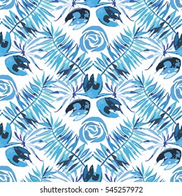 Vector tropical leaves pattern. Palm watercolor seamless background. Exotic trendy leaves print. Summer swimwear hand drawn texture. Aloha backdrop.